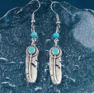 TURQUOISE NATIVE AMERICAN SILVER FEATHER EARRINGS NEW